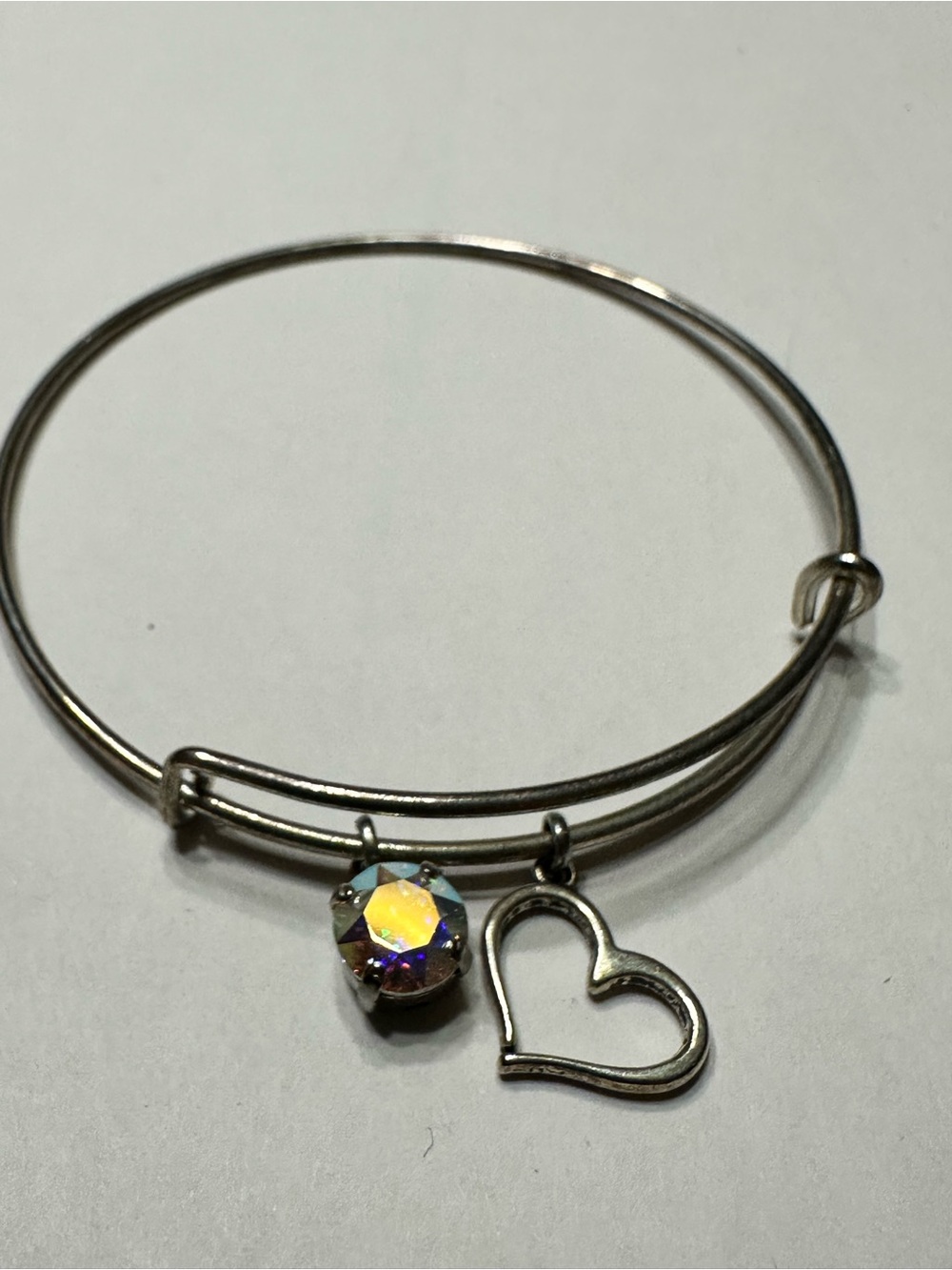 Silver Heart Charm Bangle with Iridescent Crystal
